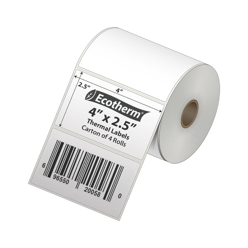 Ecotherm 4"" x 2.5"" Thermal Labels | 4 Rolls | 2400 Labels | fits Zebra, Munbyn, Rollo, Godex, Arkscan, iDPRT, Offnova Thermal Label Printers and More | Blank White Adhesive Stickers by Ecotherm - Image 2